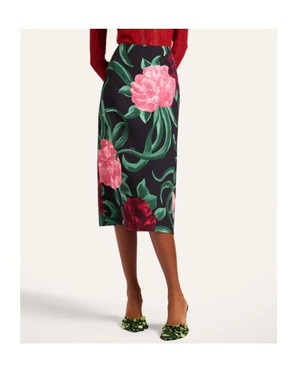 LaDoubleJ Green La Doublej Peony Print Pencil Skirt