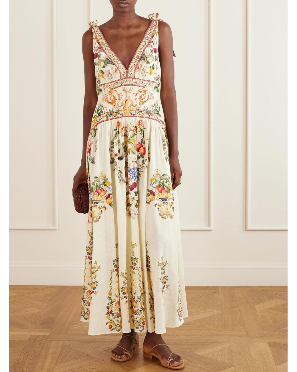 Camilla Metallic Printed Embellished Linen And Silk-Blend Maxi Dress