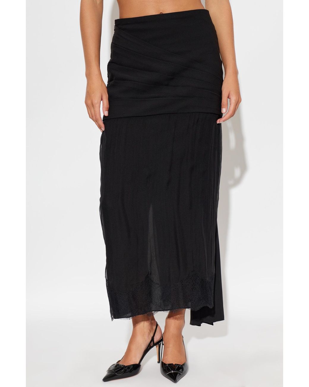 Valentino Black Draped Lace-Trim Skirt
