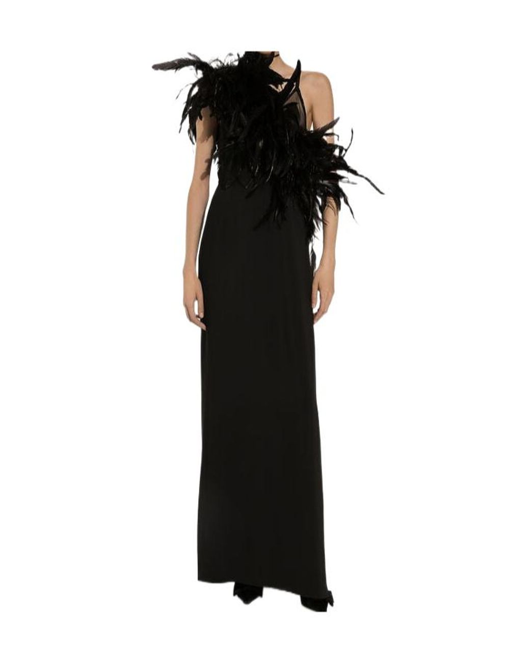Dolce & Gabbana Black One-Shoulder Feathered Gown