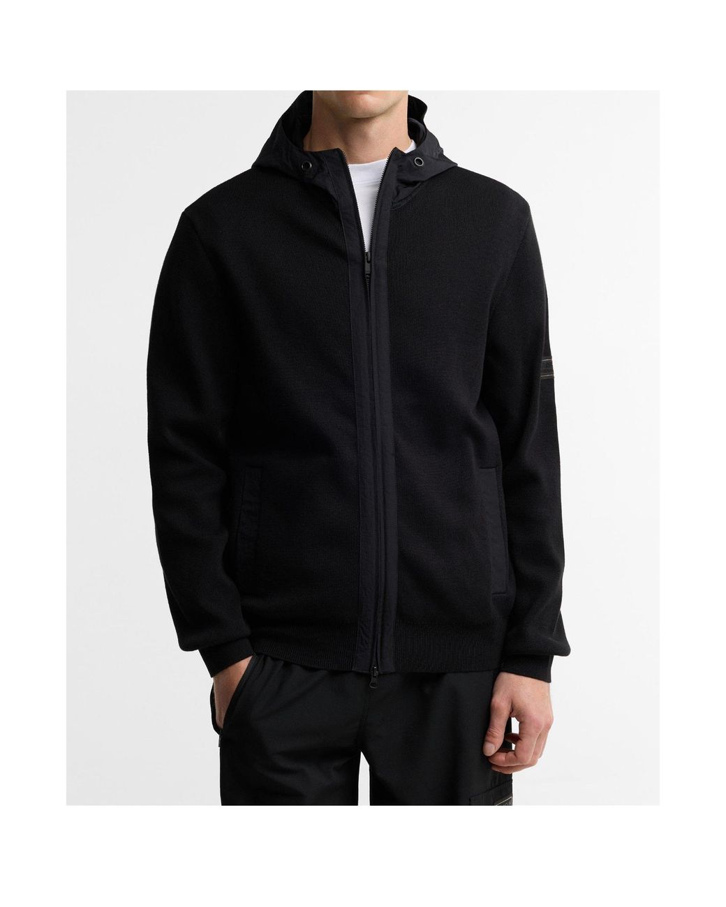 Barbour Black Long Sleeve Hooded Zip Knit Jacket for men