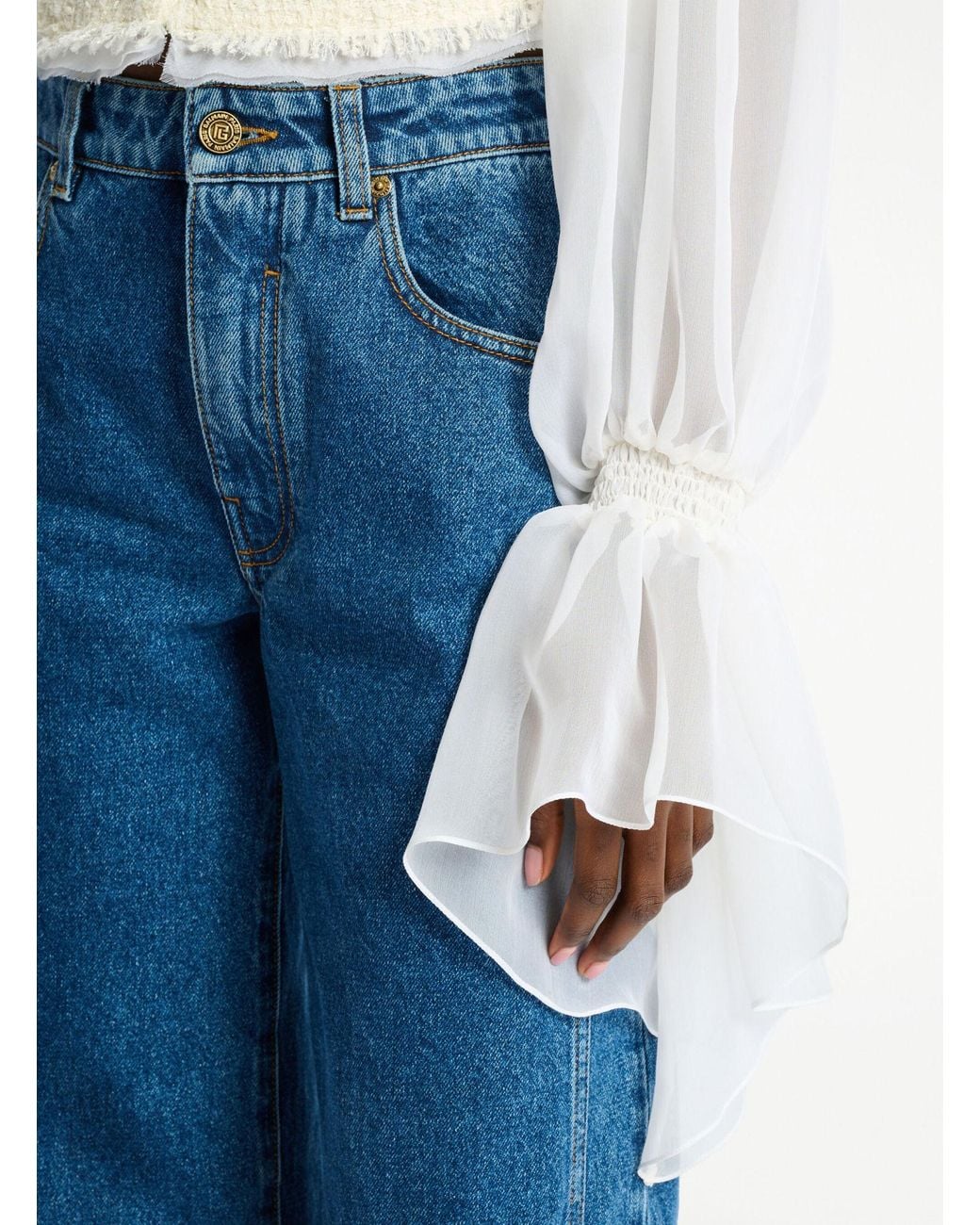 Balmain White Cropped Sheer-Sleeve Blazer