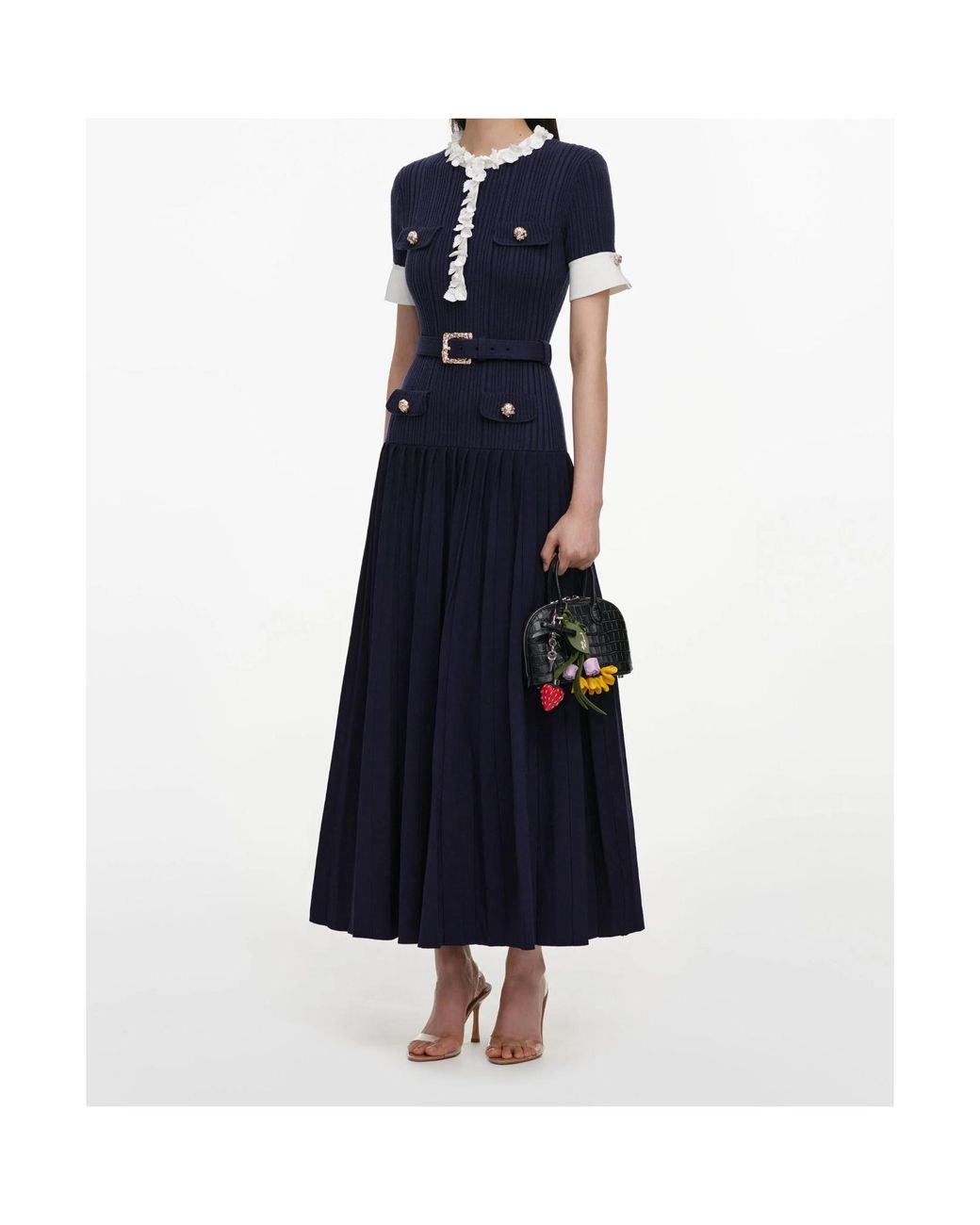 Self-Portrait Blue Belted Floral-Embellished Knitted Maxi Dress