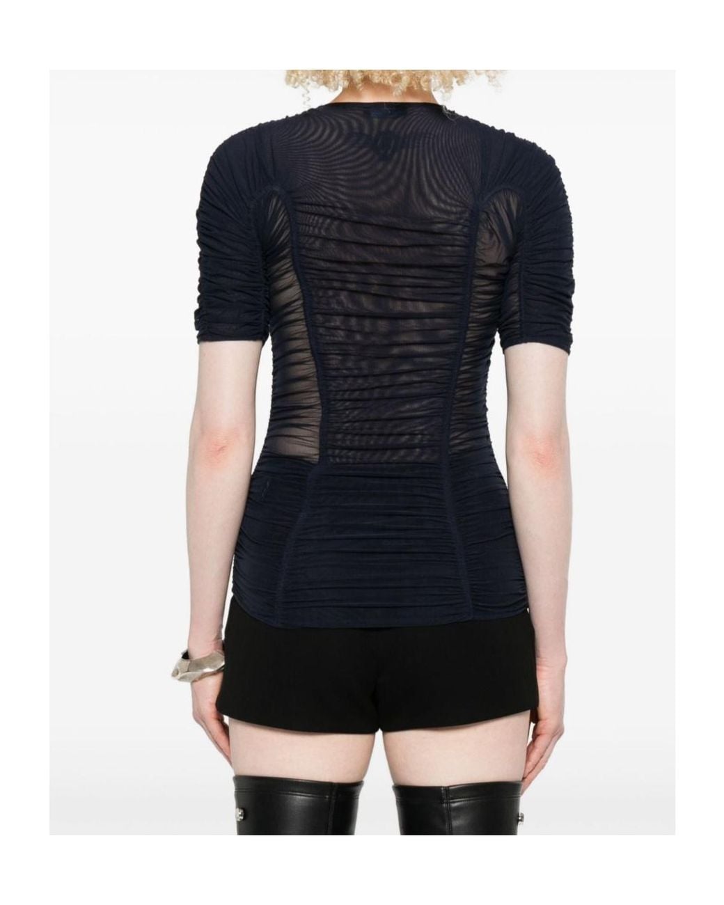 Mugler Black Mesh Short-Sleeves Top