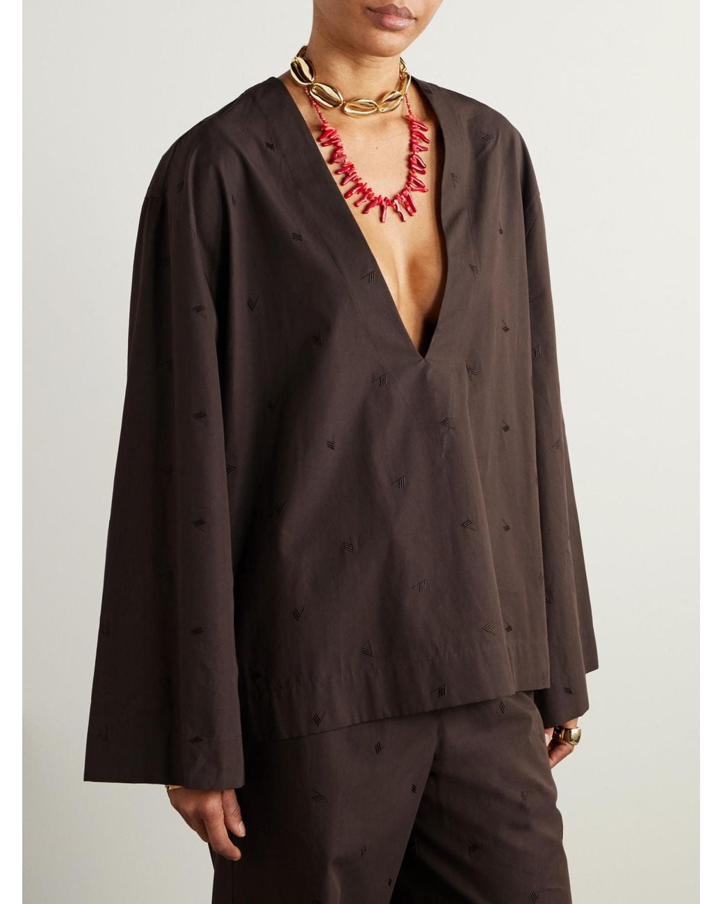 The Attico Brown Embroidered Cotton-Blend Poplin Blouse