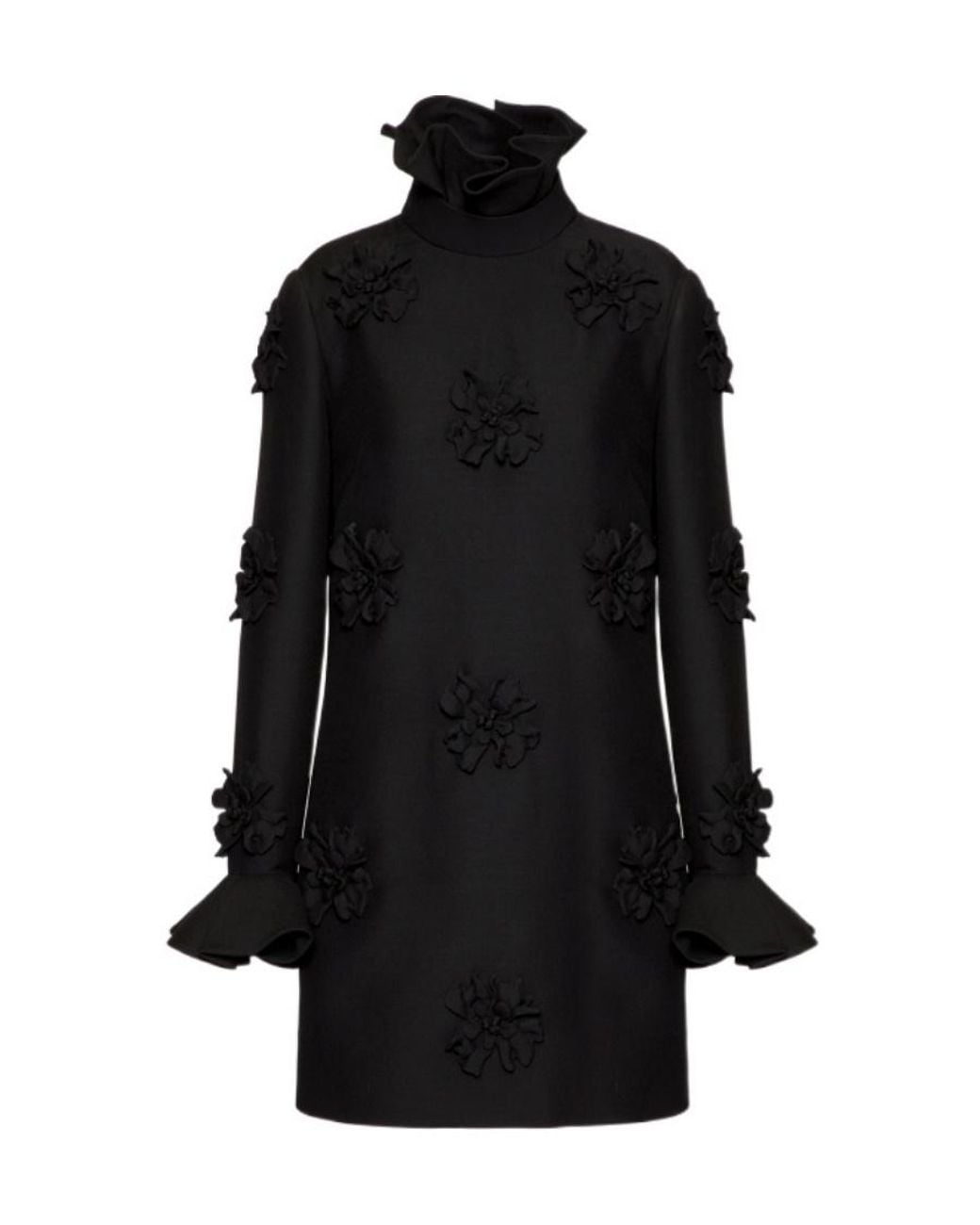 Valentino Black Crepe Couture Short Flower Embroidery Dress