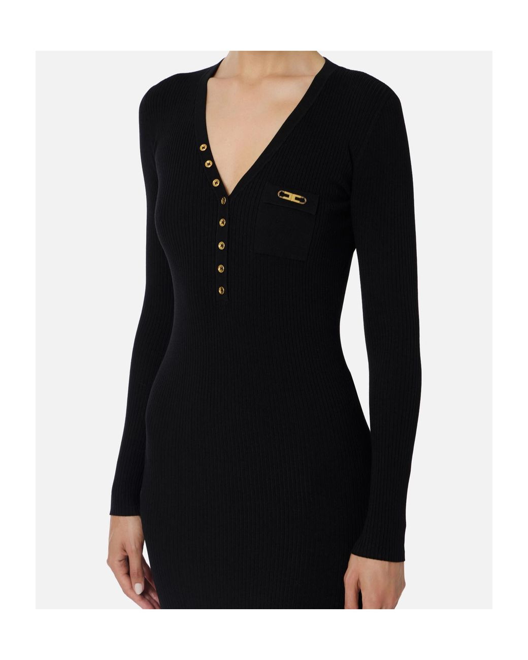 Elisabetta Franchi Black Long Sleeved V-Neck Ribbed Dress