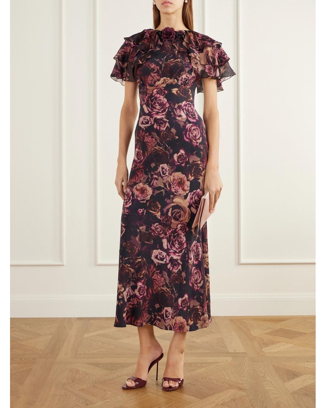 Rodarte Red Ruffled Cape-Effect Floral-Print Silk-Chiffon Maxi Dress