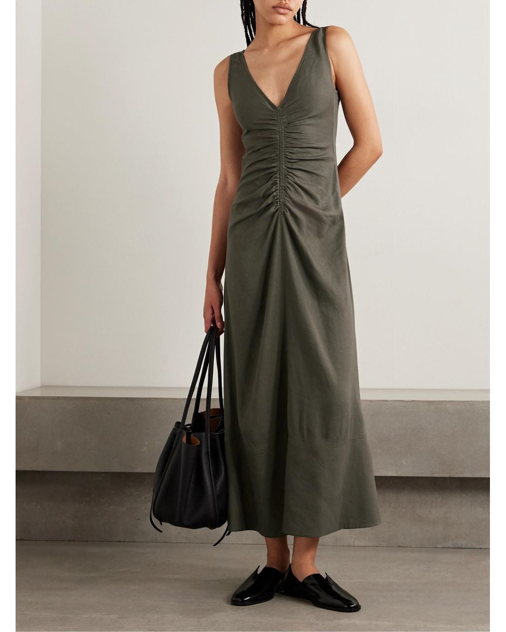 Proenza Schouler Green Remi Ruched Organic Linen-Blend Twill Maxi Dress