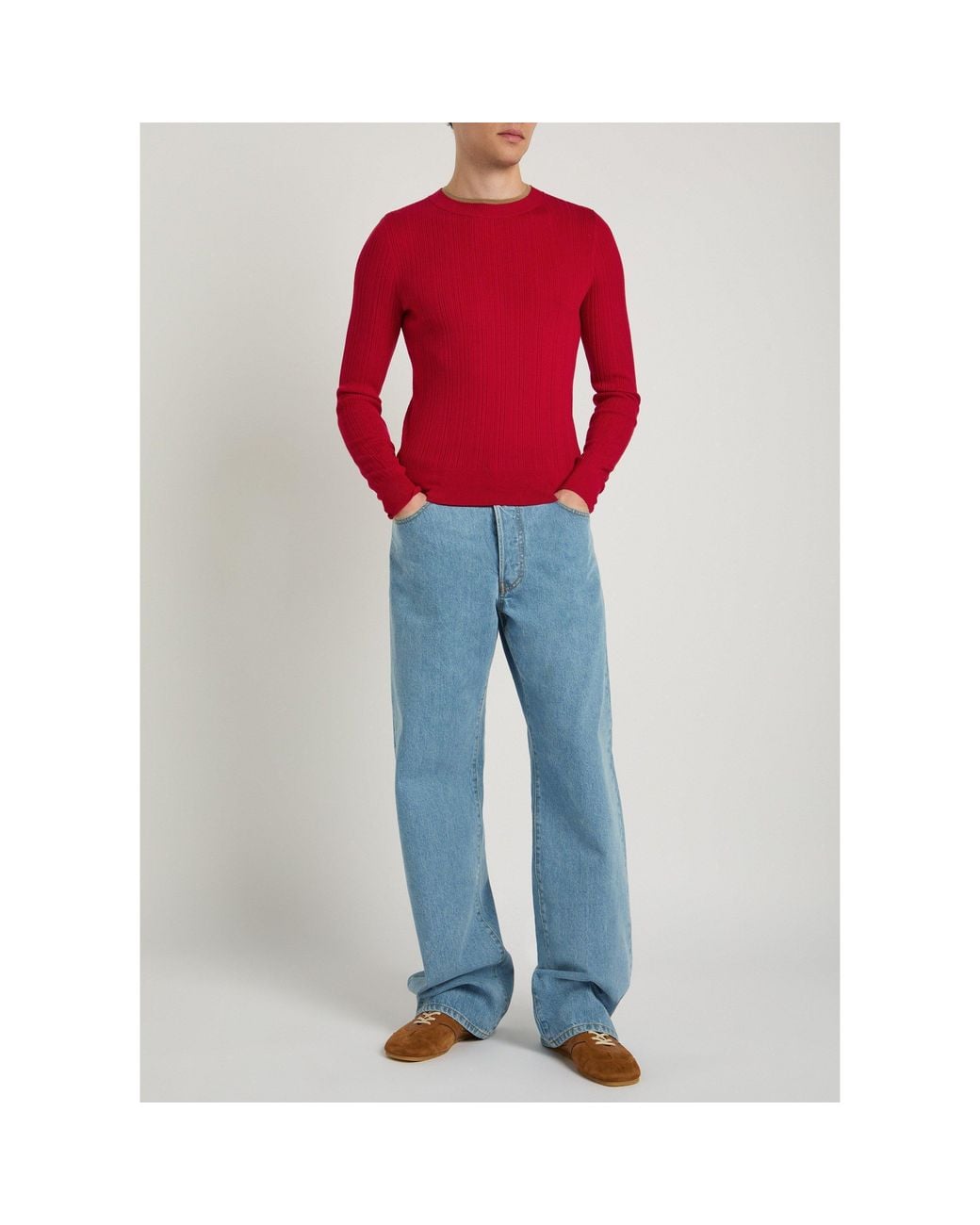 Dries Van Noten Red Round-Neck Vertical Ribbed Knit Top for men