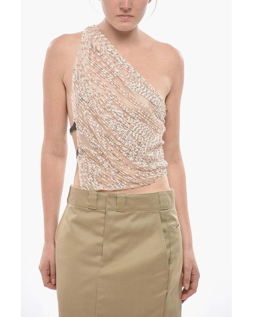 DSquared² Natural Sequin-Embellished One-Shoulder Top