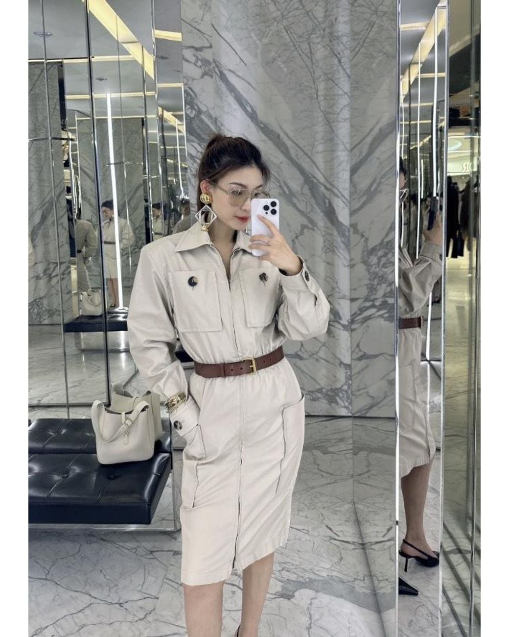 Saint Laurent Natural Saharienne Belted Dress