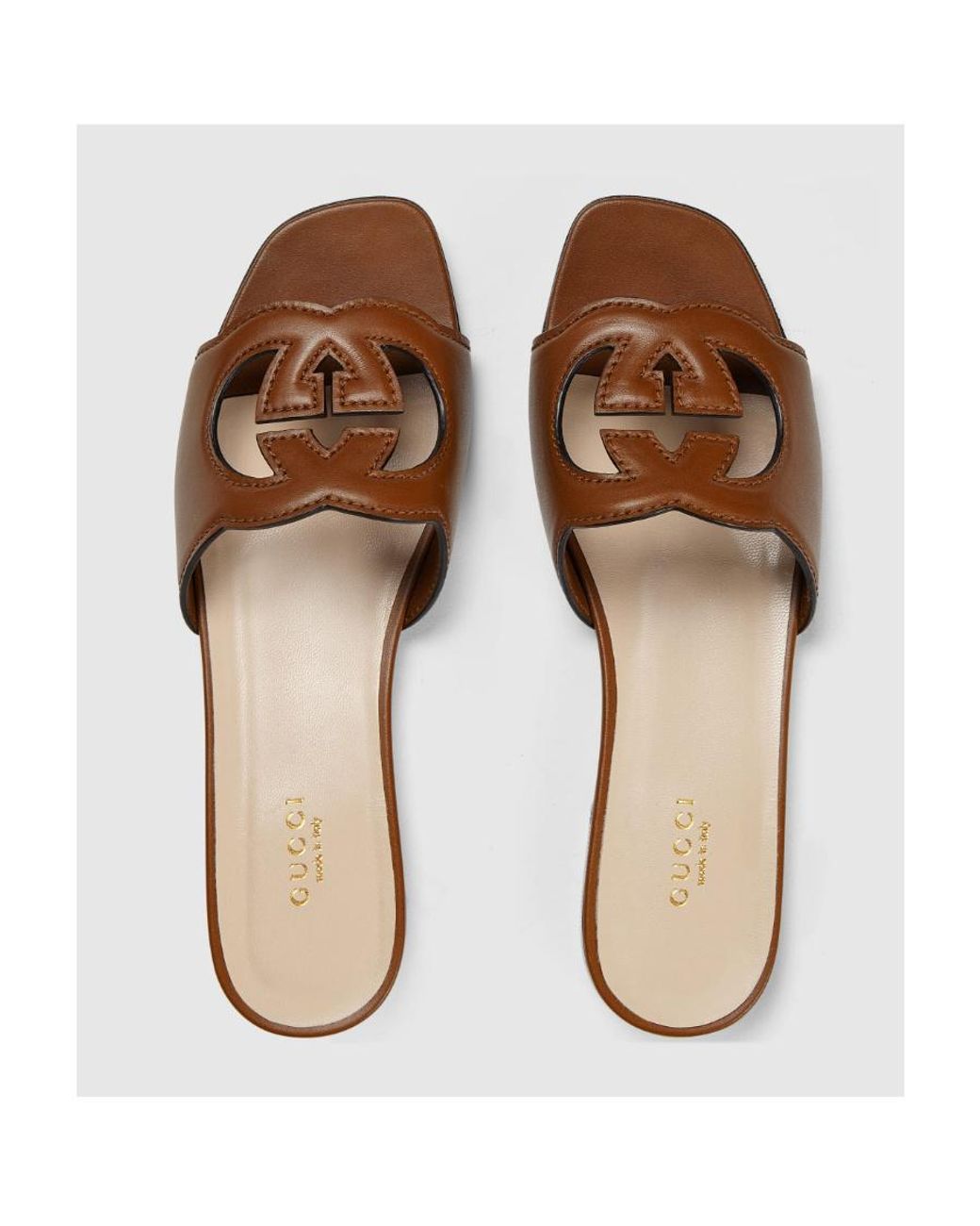 Gucci Brown Interlocking G Cut-out Leather Sliders