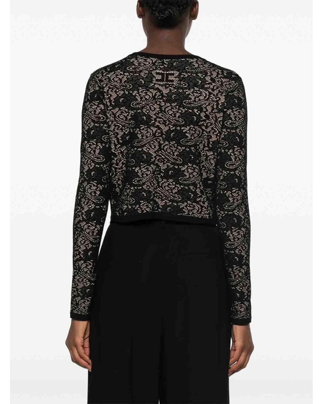 Elisabetta Franchi Black Lace-Pattern Logo-Plaque Crewneck Cardigan