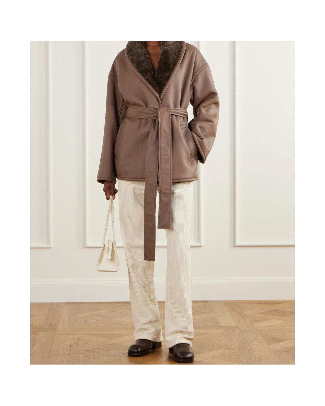 Joseph Brown Belted Shearling-Trimmed Leather Jacket
