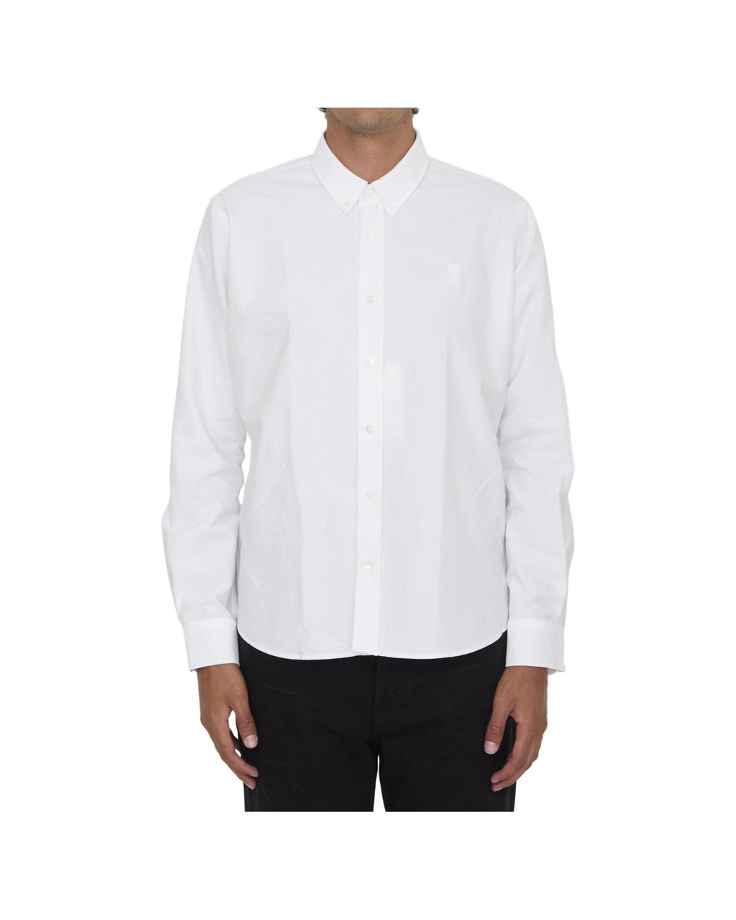 AMI White Logo Embroidered Long Sleeved Shirt for men