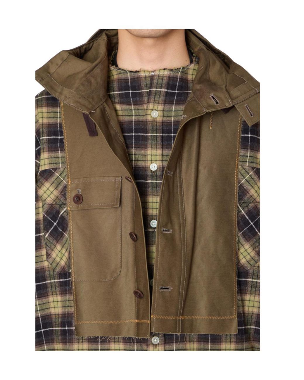 Kolor Brown Check-Pattern Patchwork Shirt for men