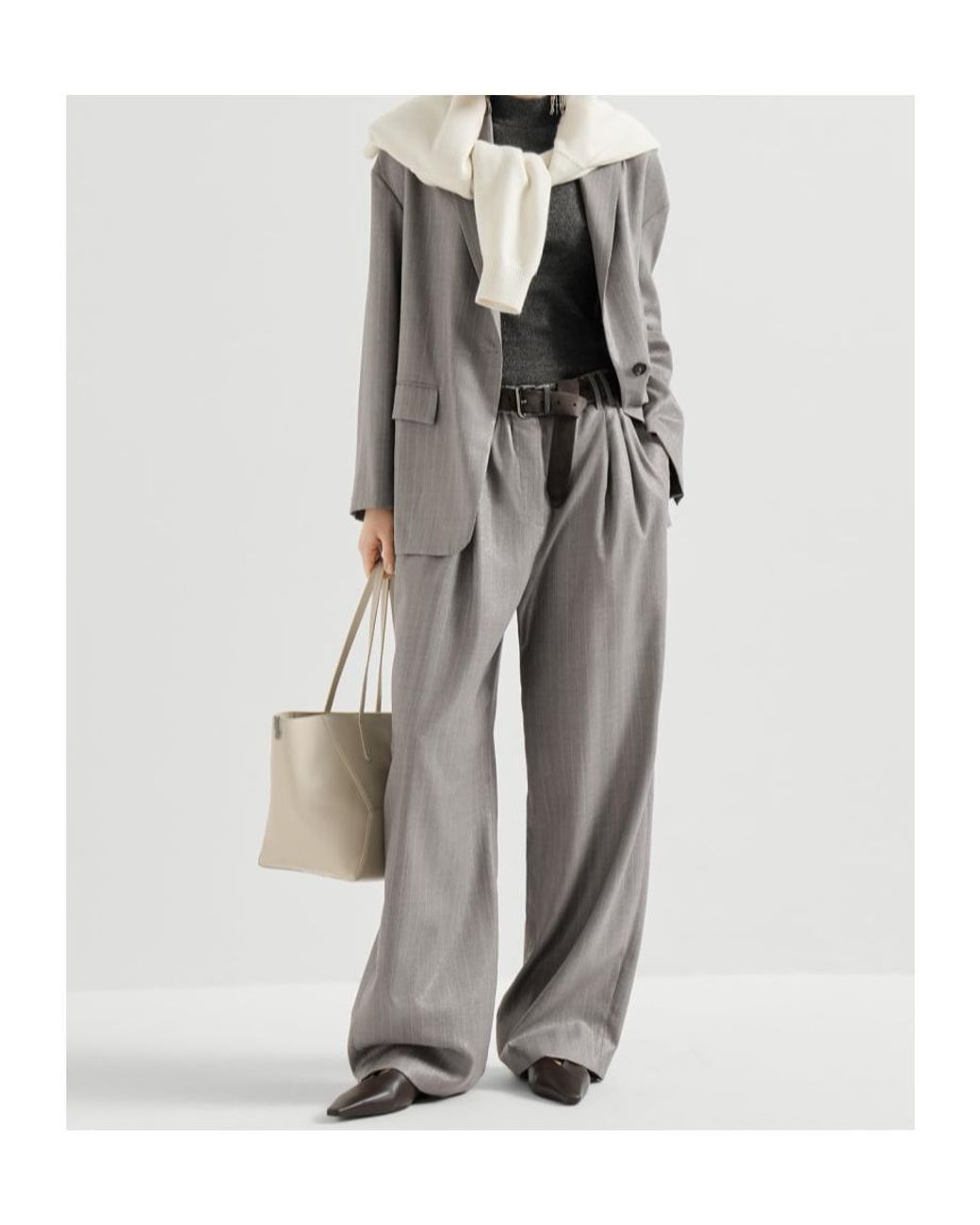 Brunello Cucinelli Gray Sparkling Virgin Wool Pinstripe Track Trousers With Monili