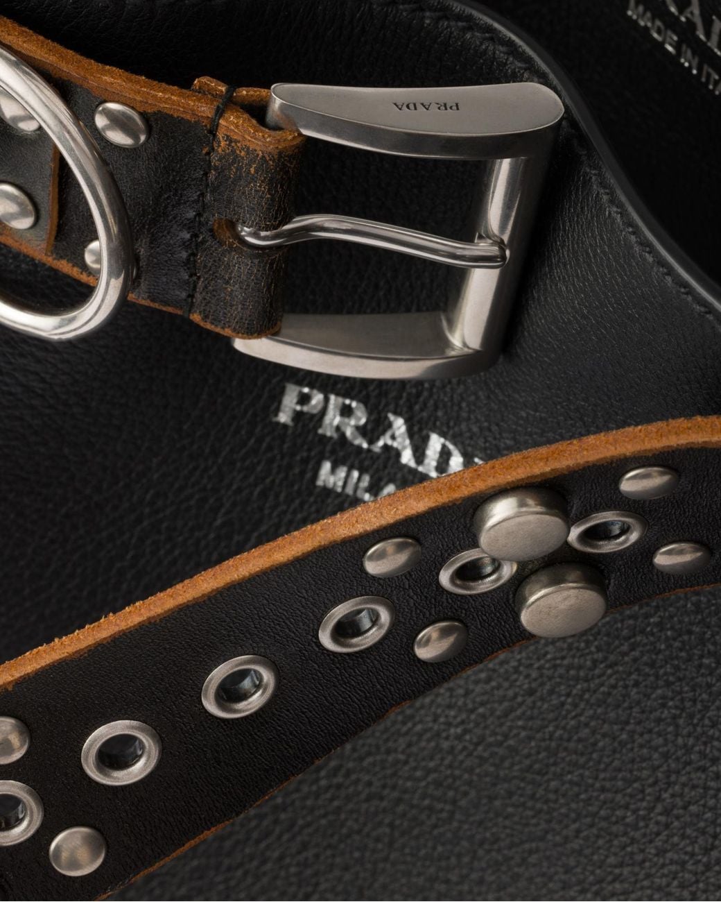 Prada Black Buckle Leather Bag With Studded Belt for men