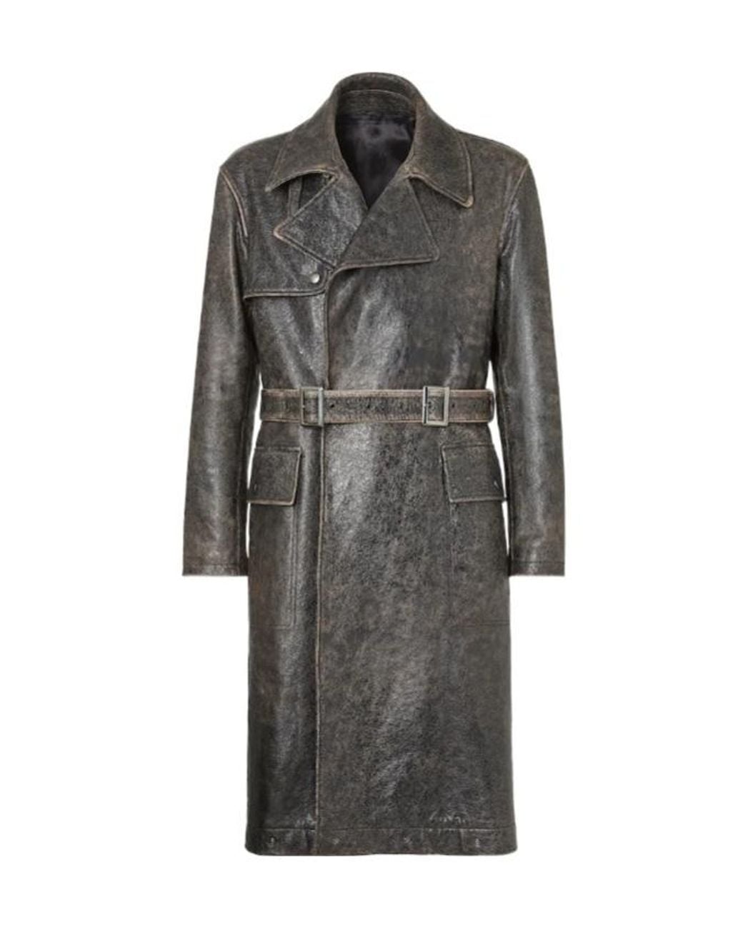 Fendi Gray Crackled Belted Leather Trench Coat for men