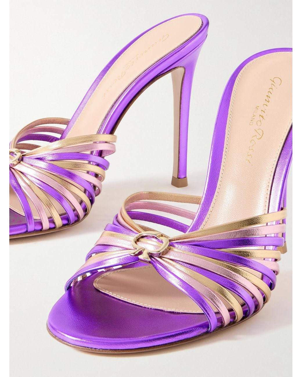 Gianvito Rossi Pink 70 Embellished Metallic Leather Sandals