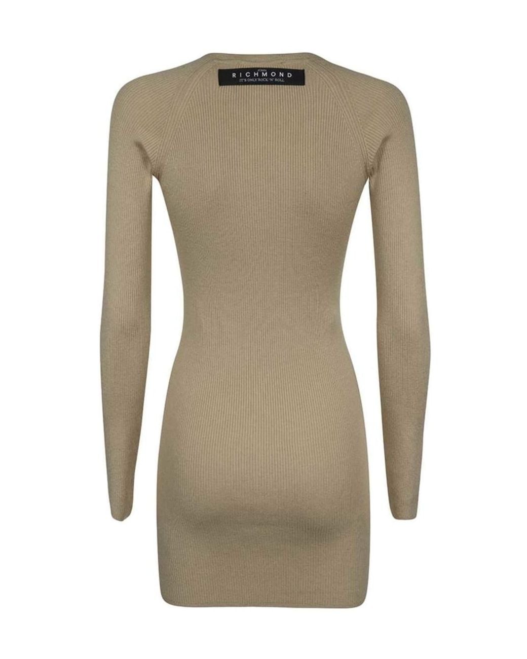 John Richmond Natural Ribbed Knit Button-Embellished Dress