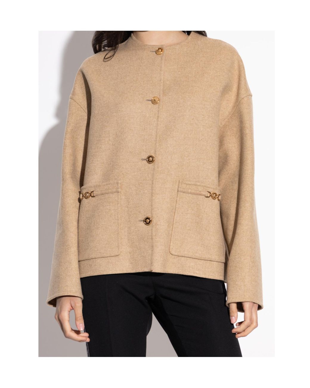 Versace Natural Crewneck Button-Up Jacket