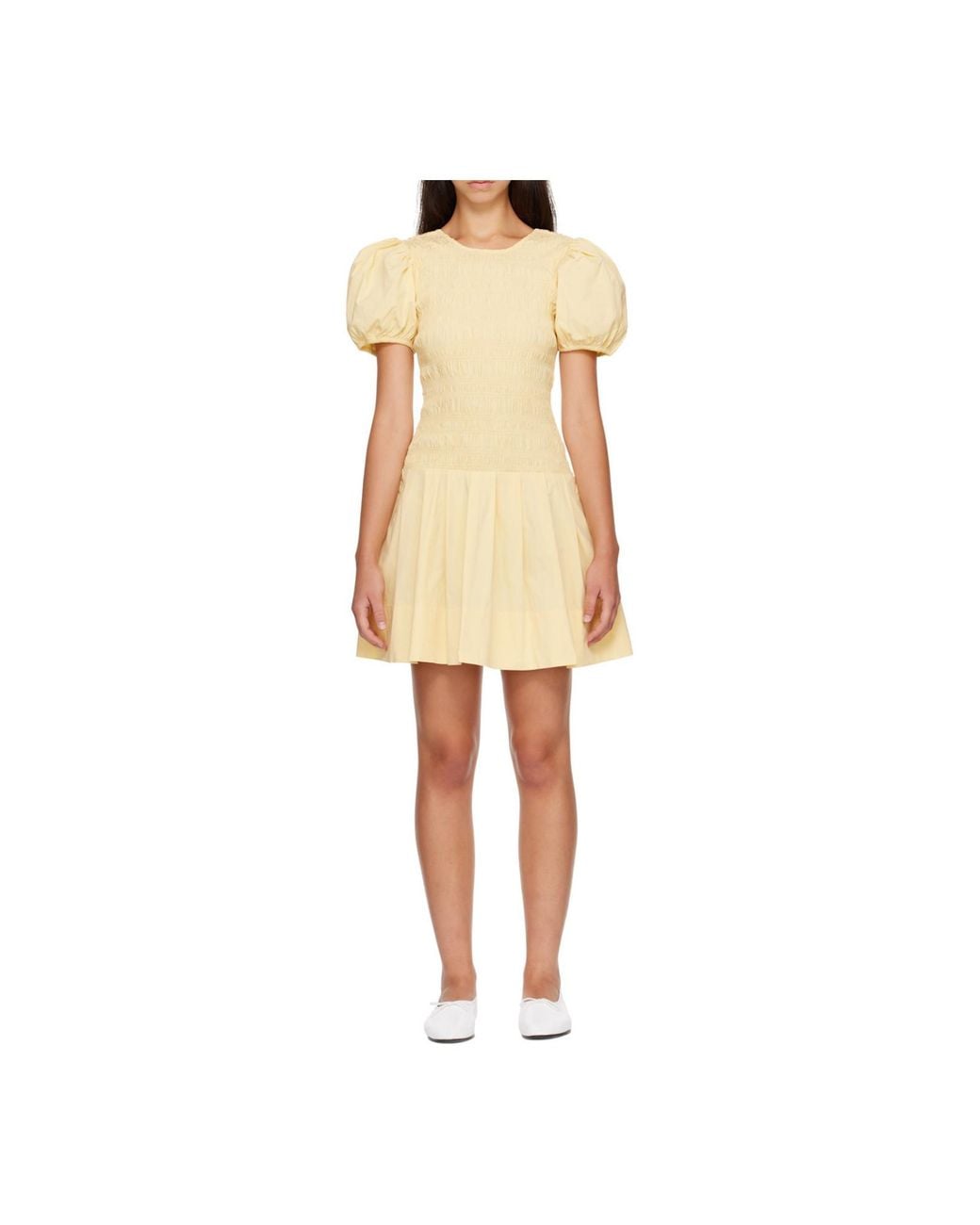Ganni Yellow Smocked Balloon-Sleeve Mini Dress