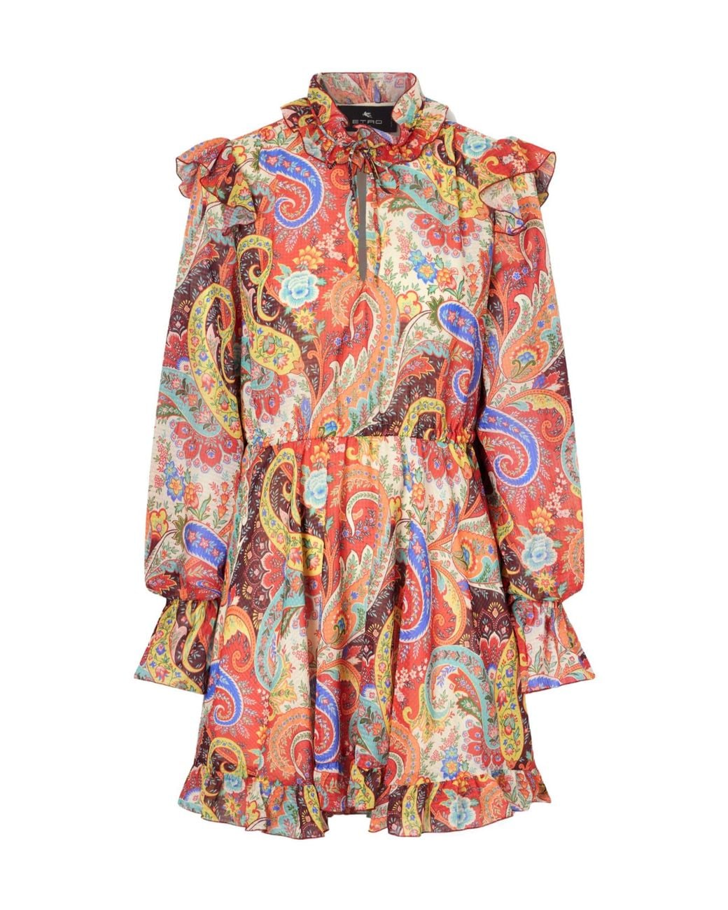 Etro Red Ruffled Paisley-Print Chiffon Mini Dress