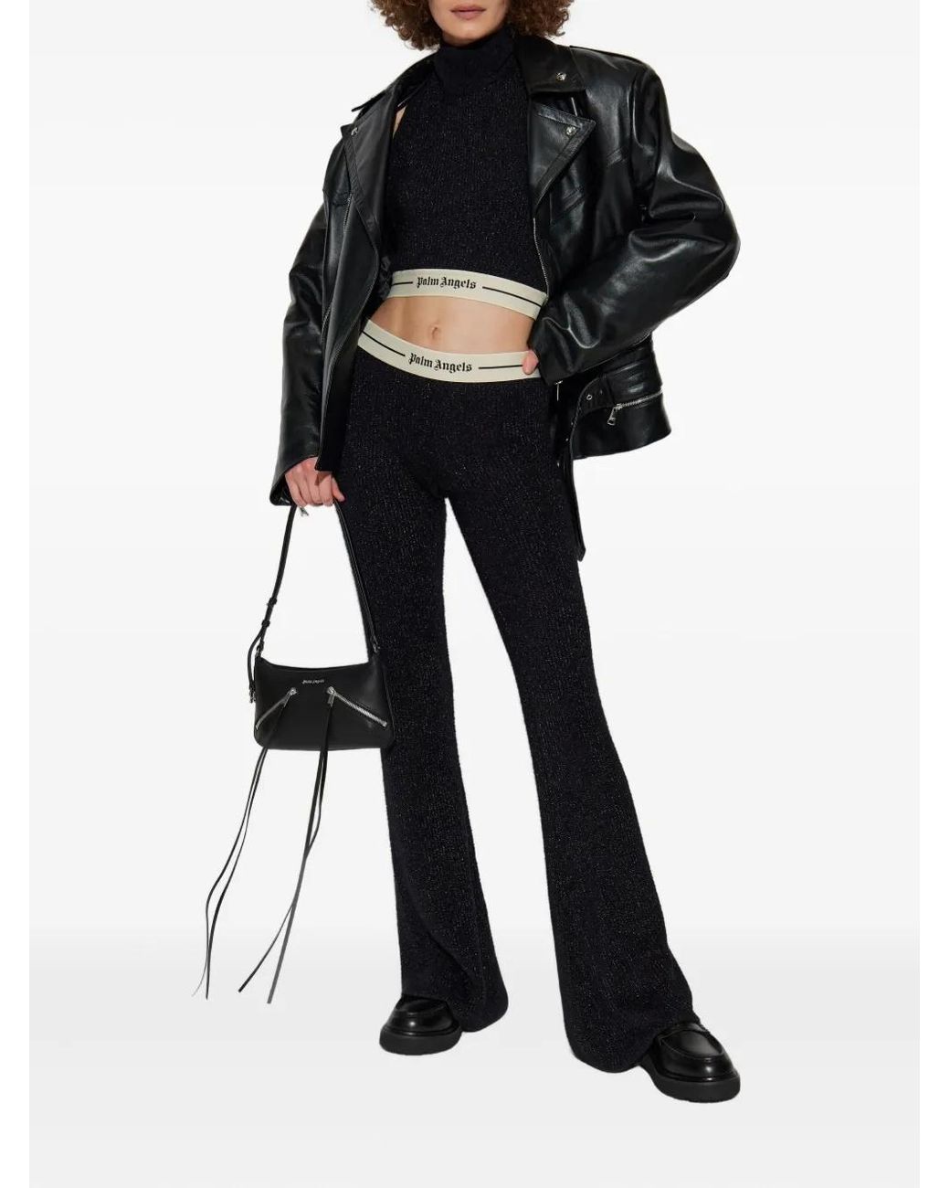 Palm Angels Black Logo-Waistband Flared Trousers