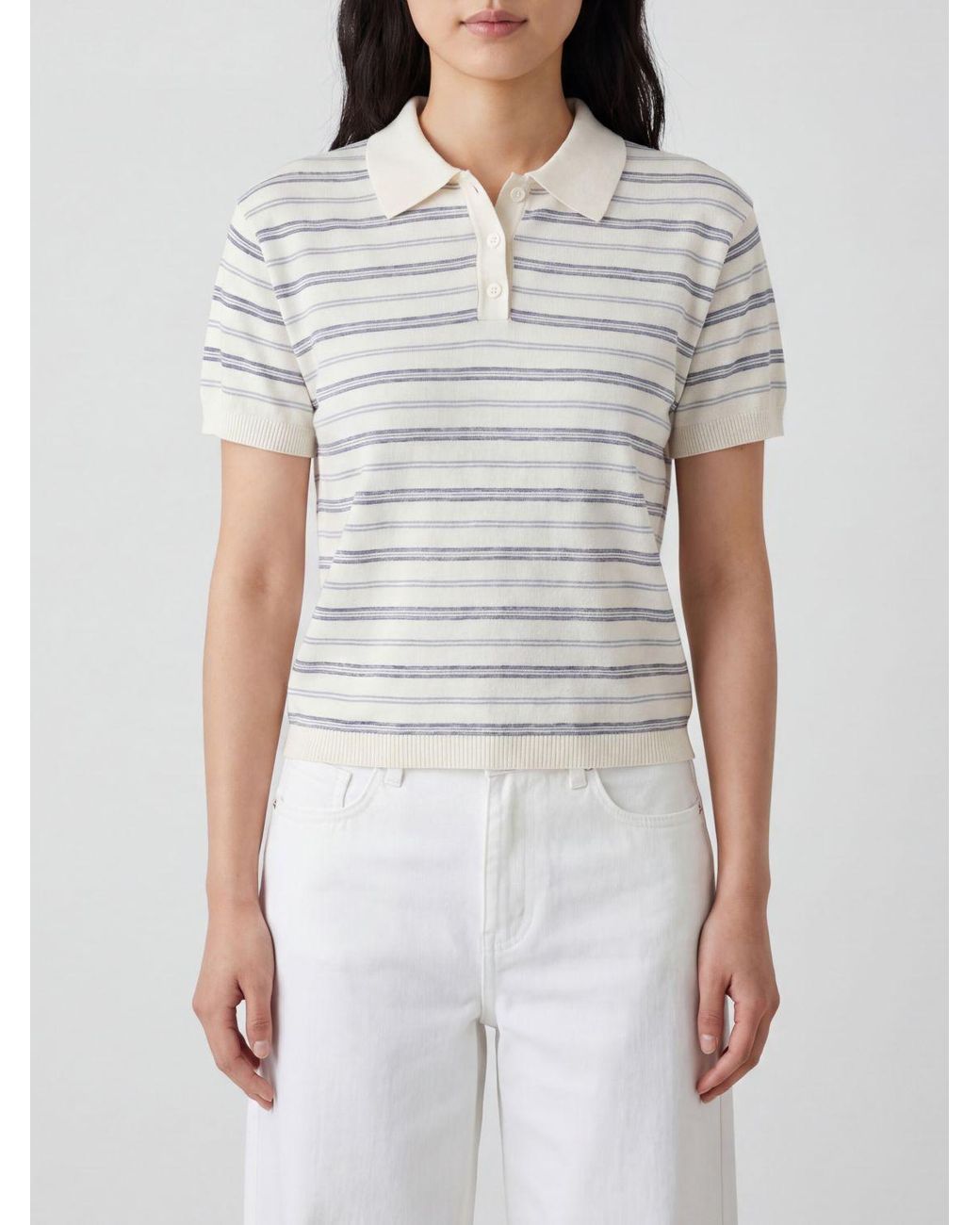 DUNST White Striped Knit Polo Top