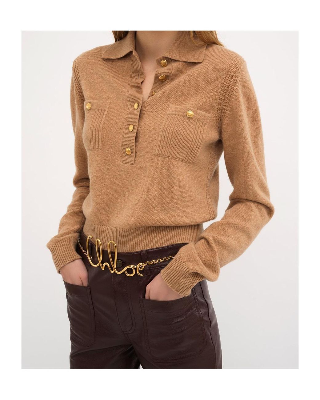 Chloé Natural Chloé Long Sleeved Knitted Polo Top