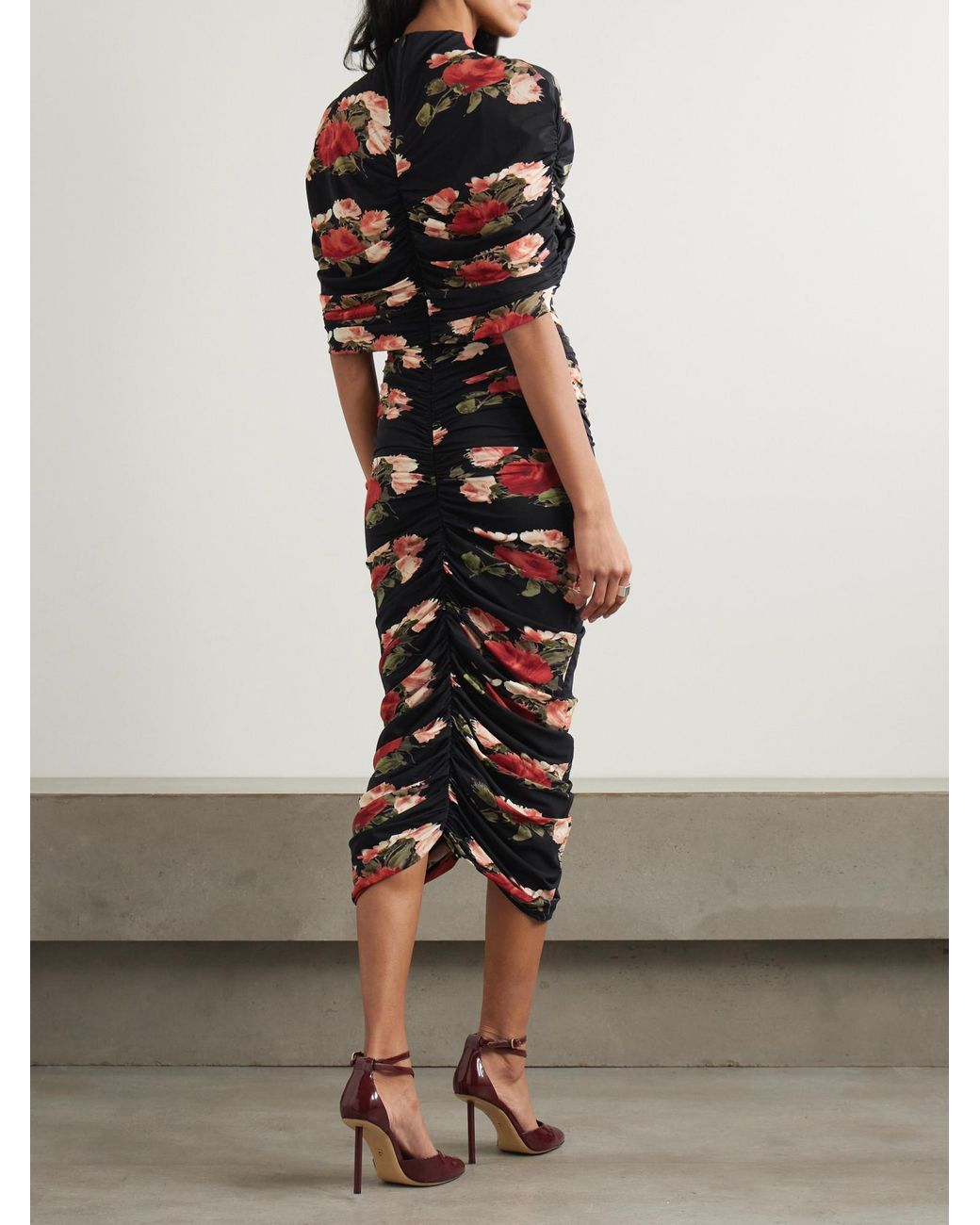 Magda Butrym Black Ruched Layered Floral-Print Jersey Maxi Dress