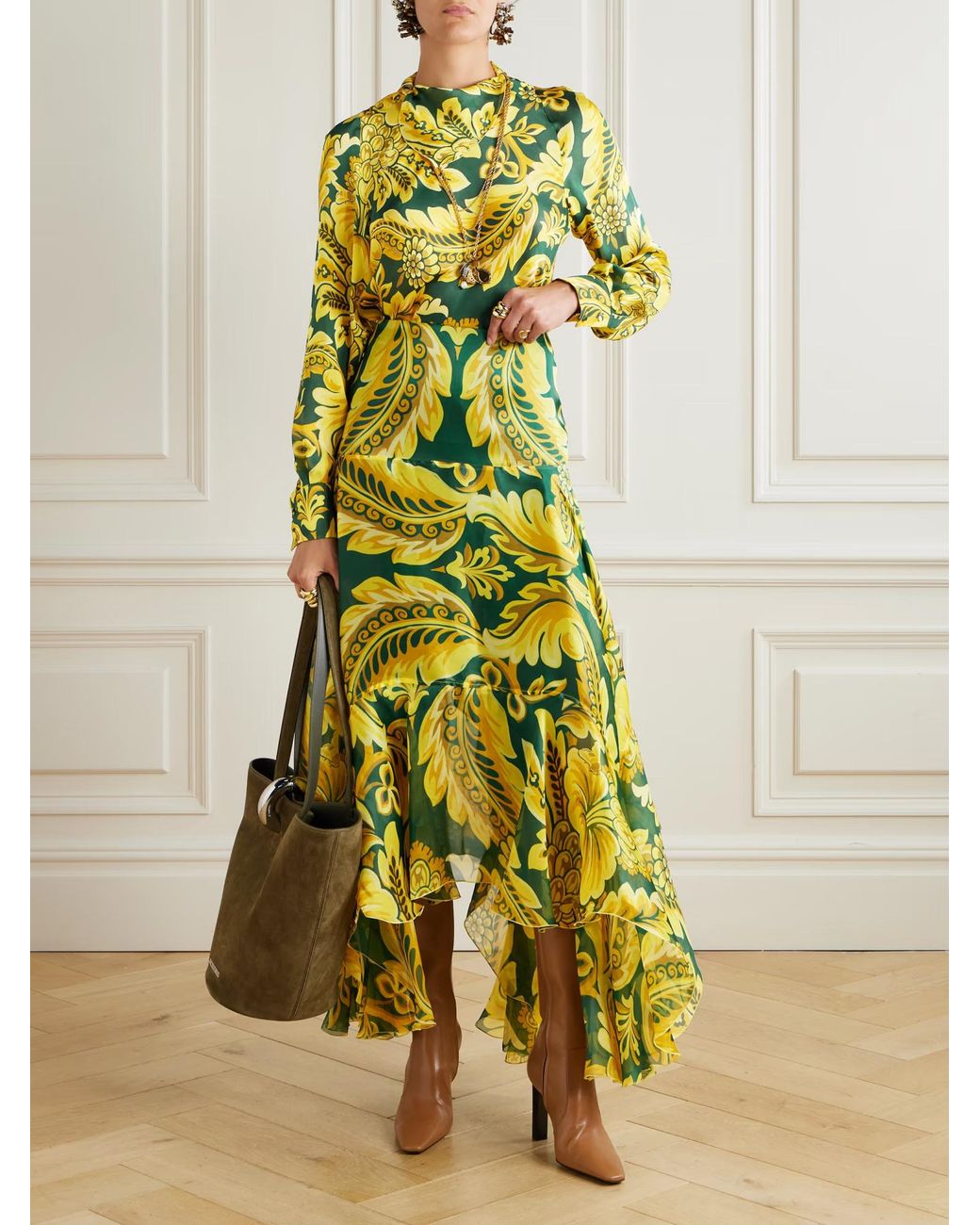 Etro Yellow Silk Maxi Skirt With Flower And Bee Motif
