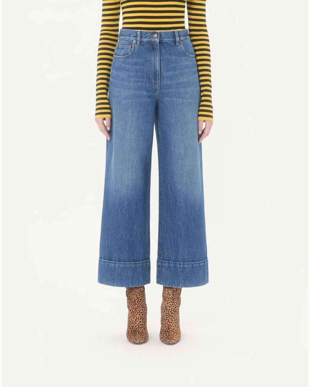 Valentino Blue Logo Plaque Cropped Jeans