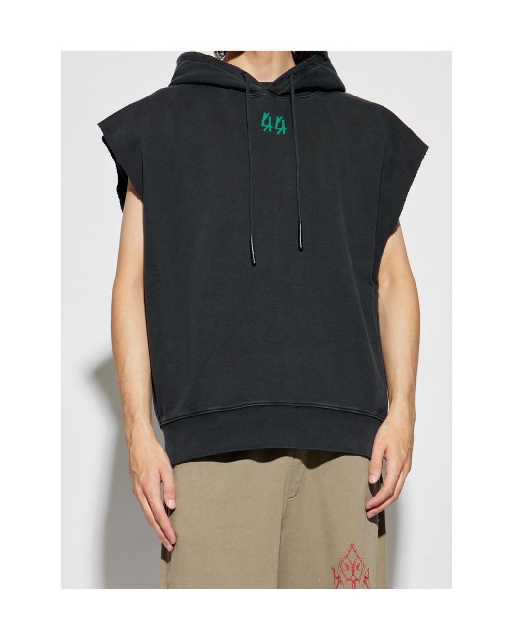 44 Label Group Black Logo Printed Sleeveless Drawstring Hoodie for men