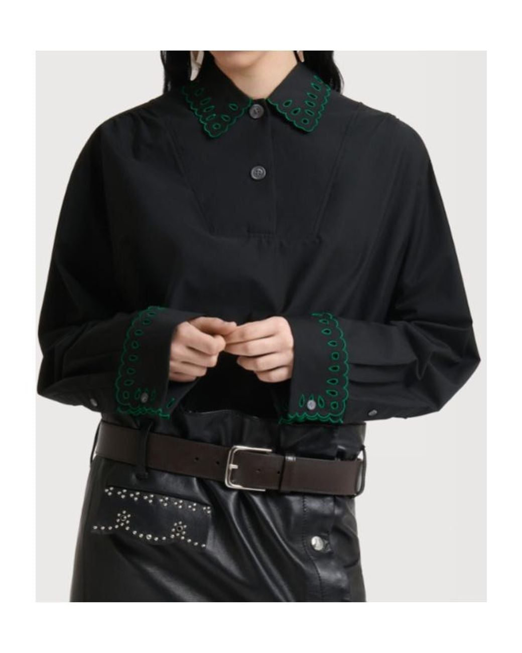 Marni Blue Poplin Half-Button Shirt With Broderie Anglaise