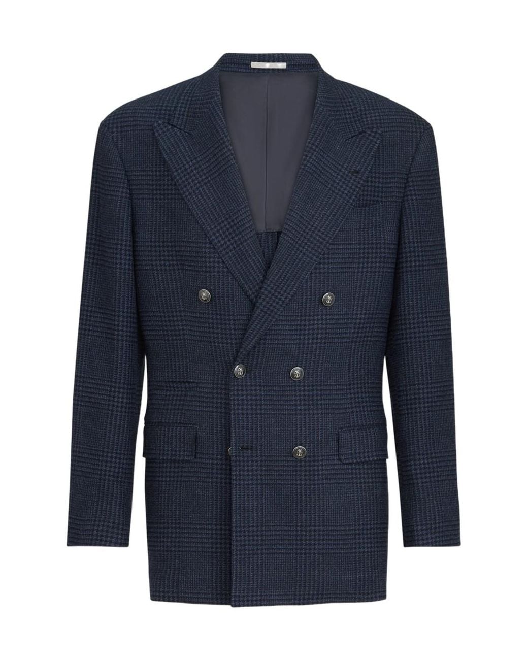 Brunello Cucinelli Blue Comfort Wool And Cashmere Prince Of Wales Flannel One-And-A-Half Breasted Tailor Blazer With Metal Buttons for men