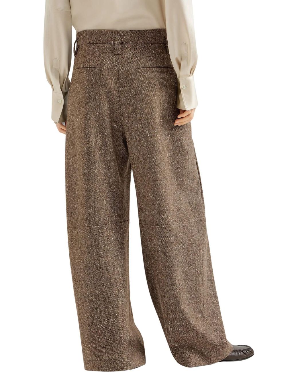 Brunello Cucinelli Natural Virgin Wool Donegal Pleated Barrel Trousers With Monili