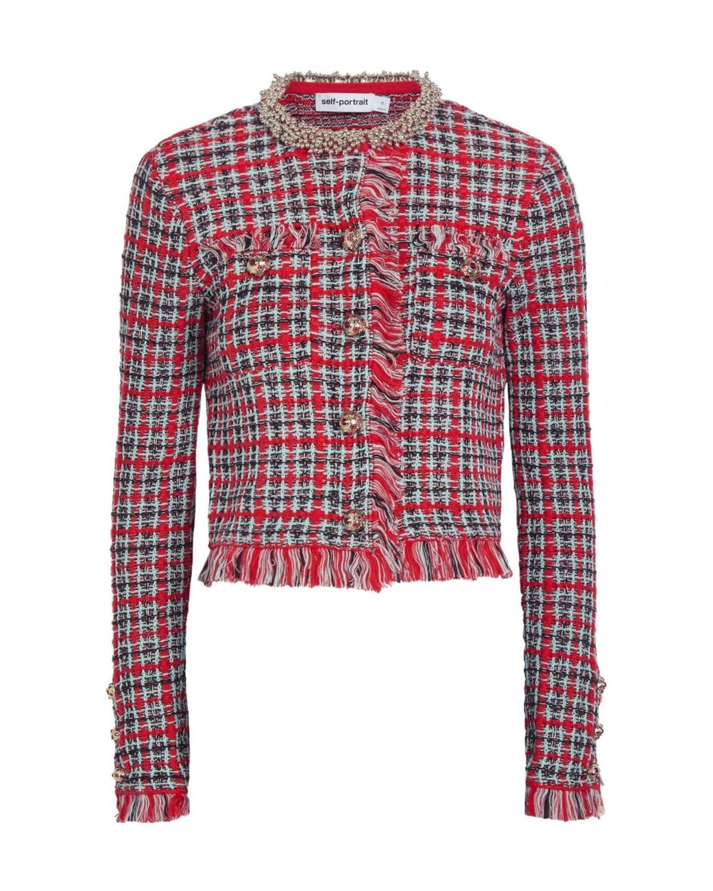 Self-Portrait Red Checked Knit Jacket