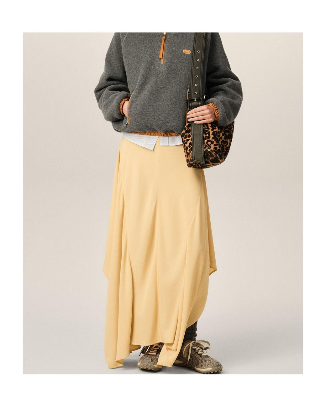 AMI Natural Maxi Flared Blended Silk Skirt
