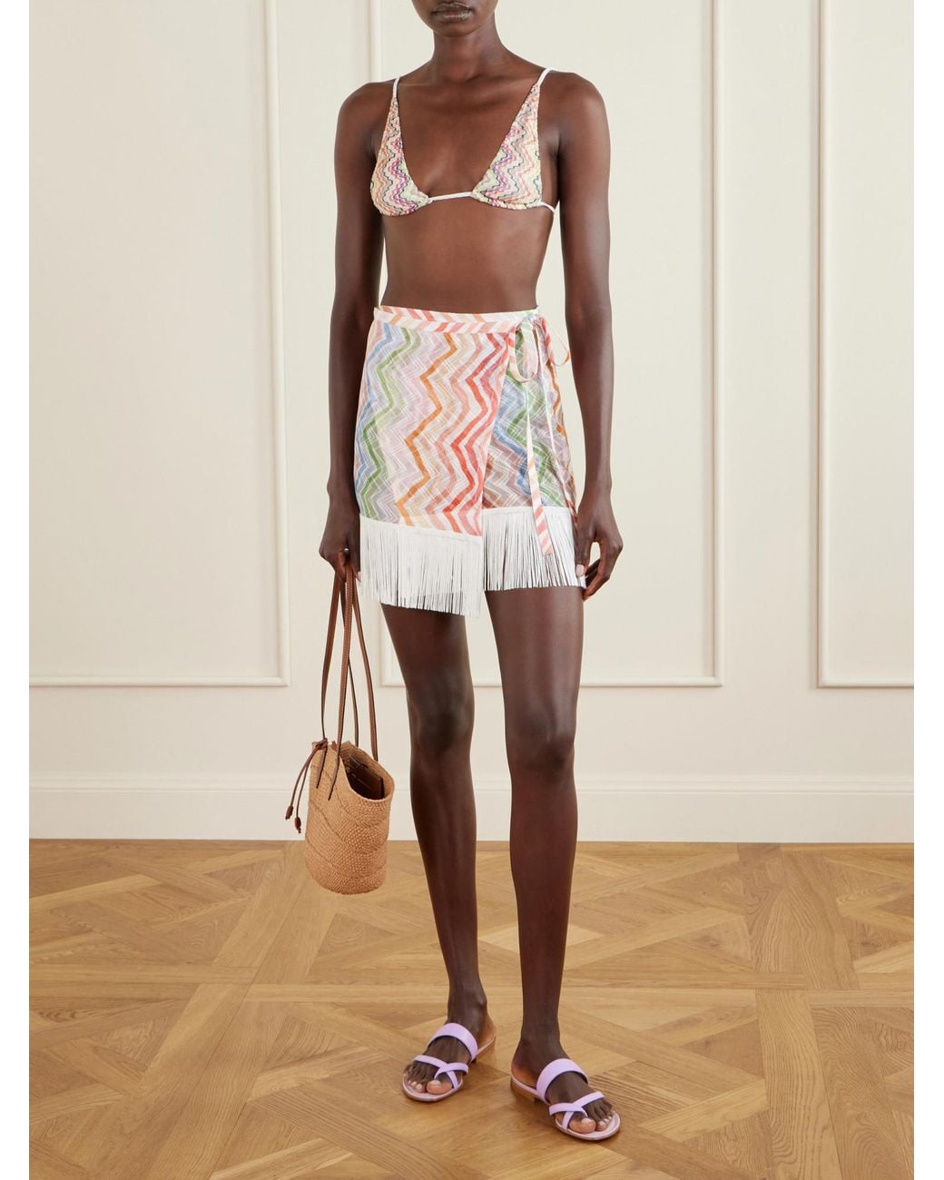 Missoni Pink Striped Fringed Crochet-Knit Wrap Mini Skirt