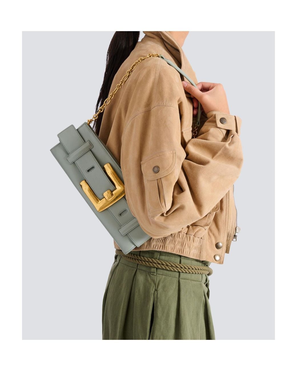 Balmain Metallic Anthem Buckle Chain Clutch Bag