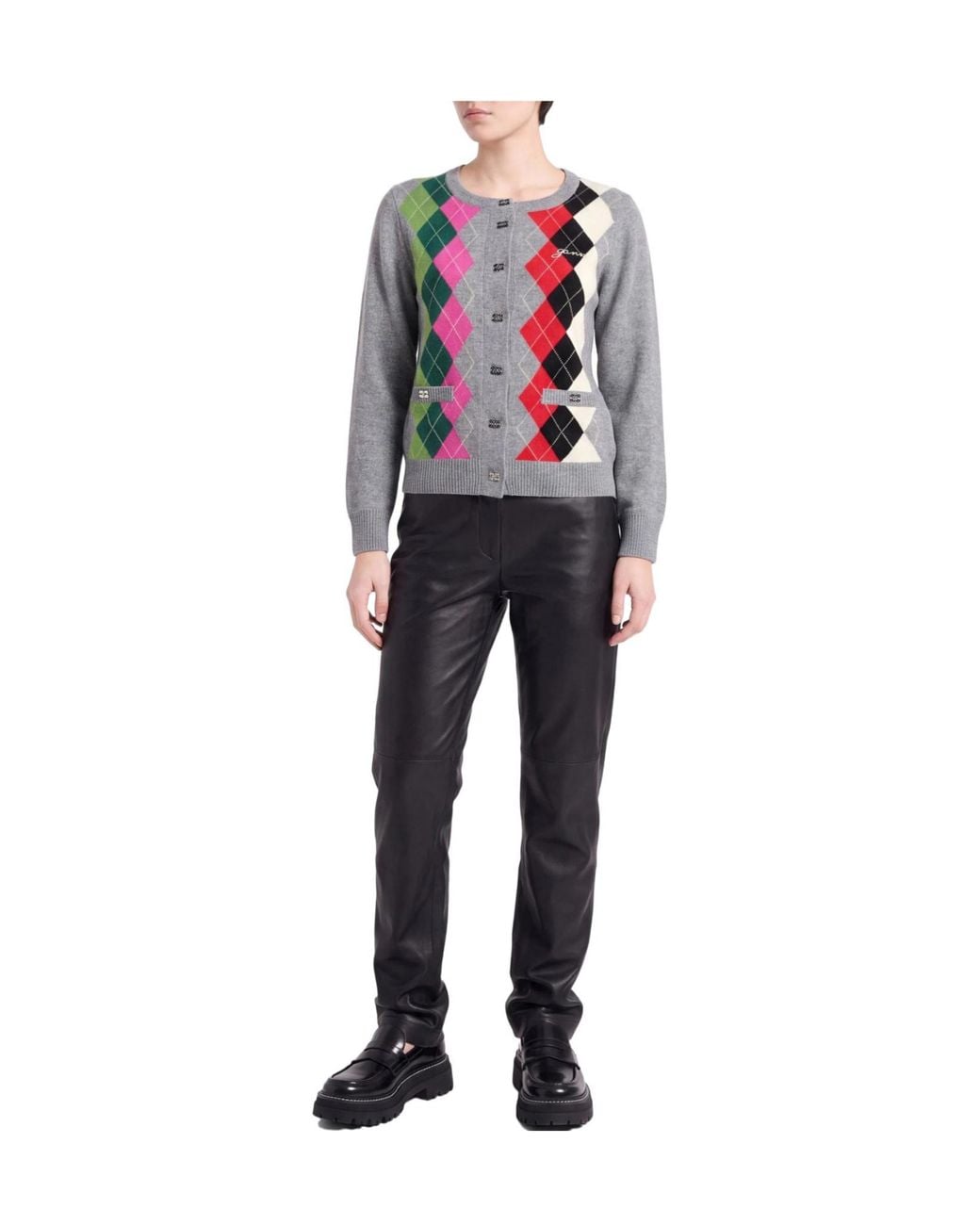 Ganni Gray Geometric Wool Knit Cardigan