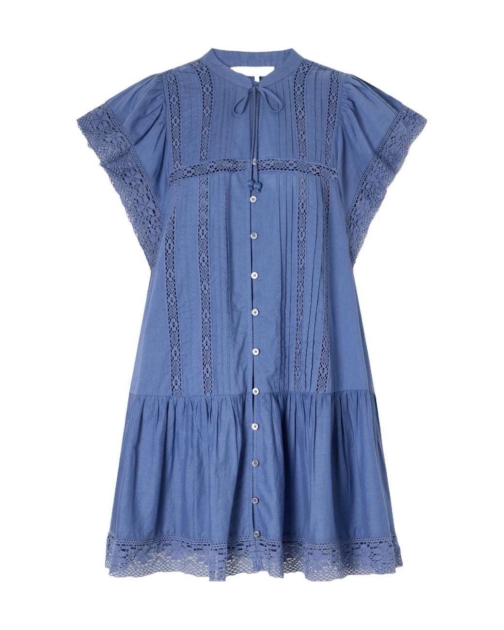 Sea Blue Tiered Lace-Trimmed Cotton Mini Dress