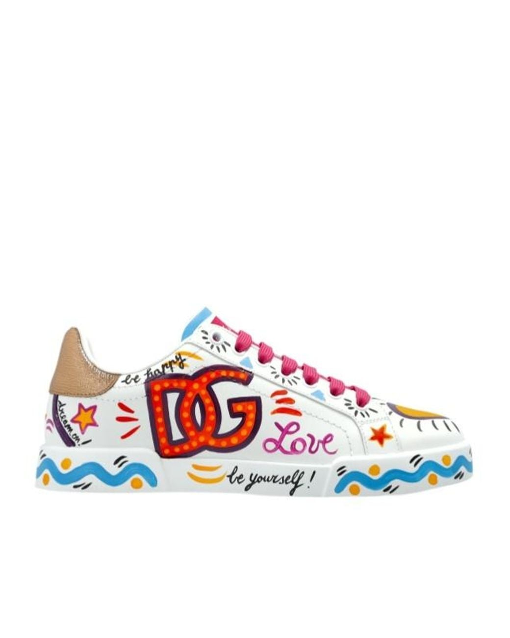 Dolce & Gabbana Red Portofino Graphic Print Leather Sneakers