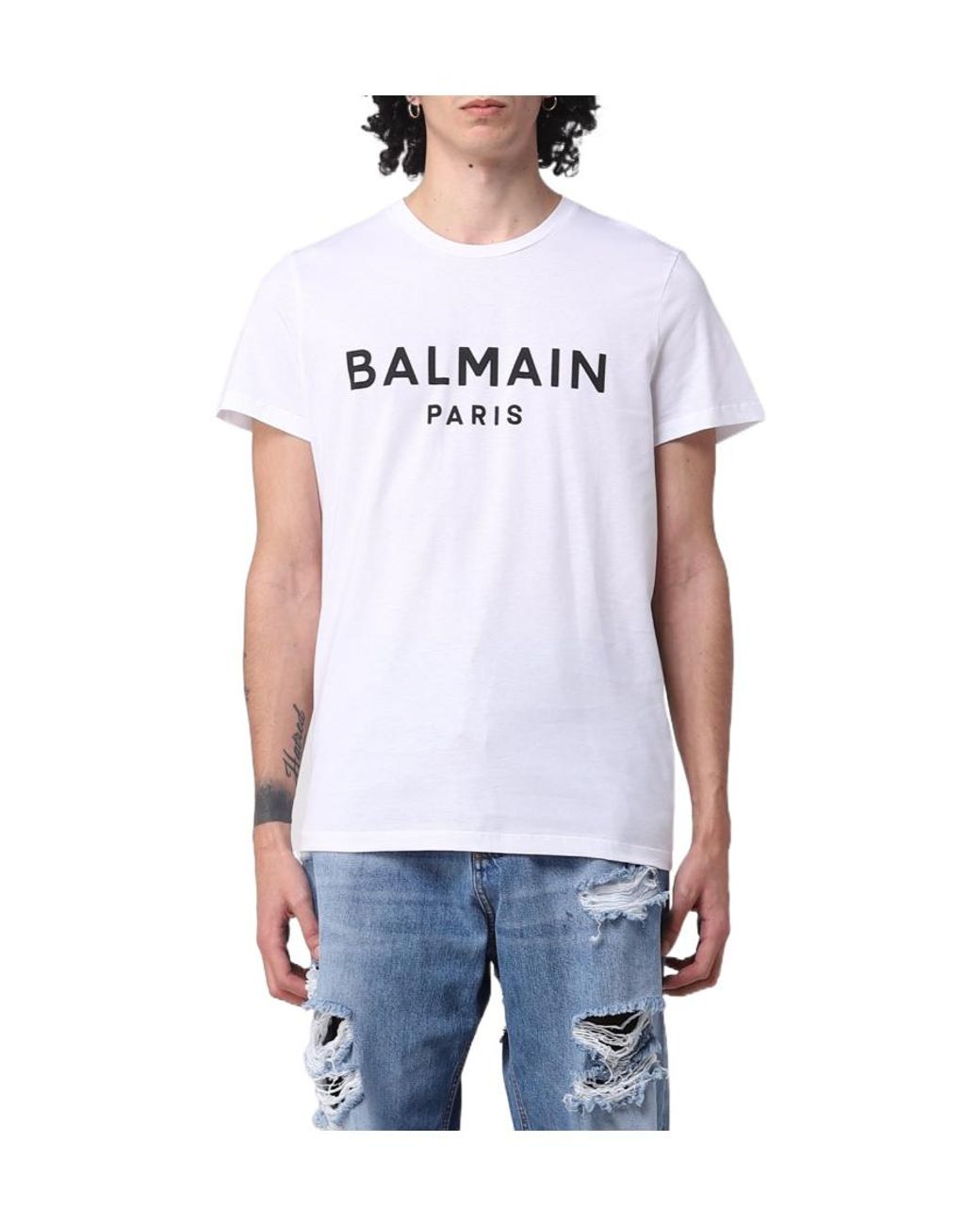 Balmain White Logo Printed Crewneck T-Shirt for men