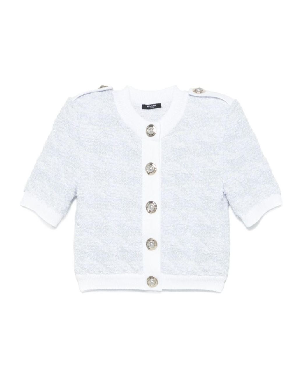 Balmain White Short-Sleeve Tweed Cardigan