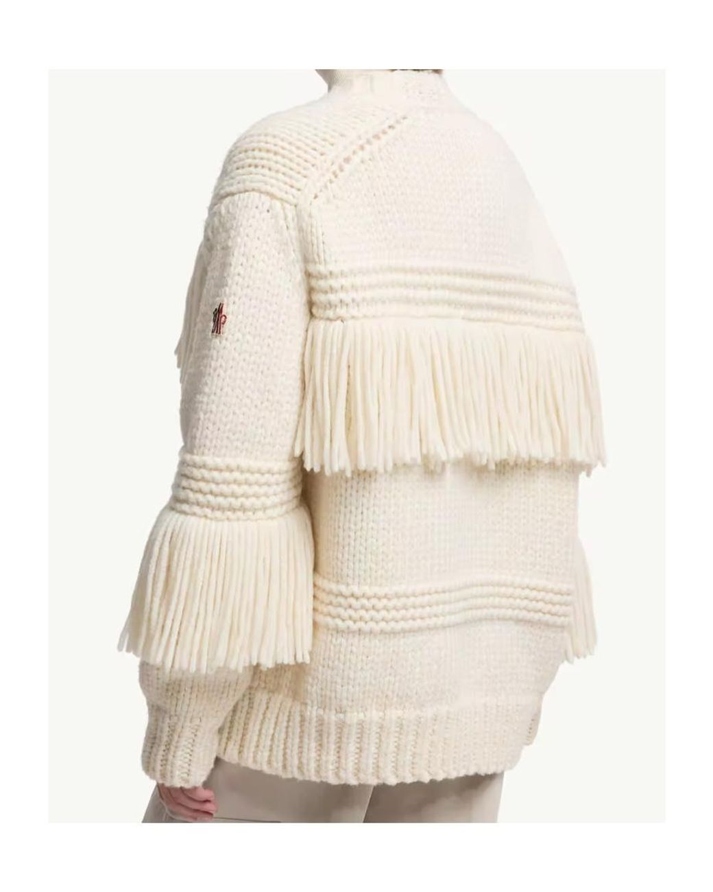 Moncler Natural Grenoble Fringe-Trim V-Neck Cardigan