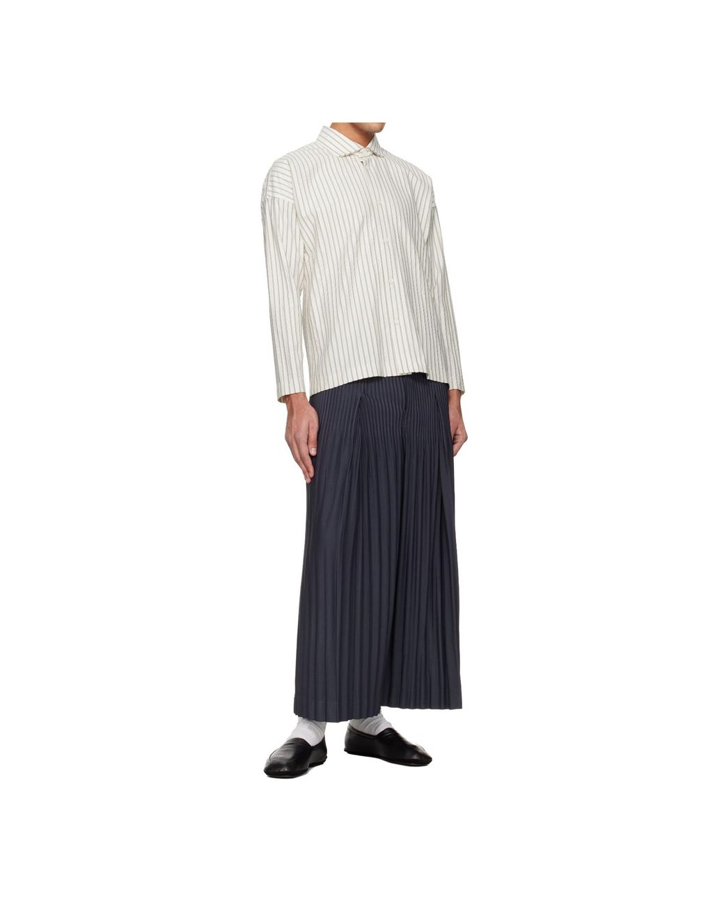 Homme Plissé Issey Miyake White Striped Long-Sleeved Shirt for men